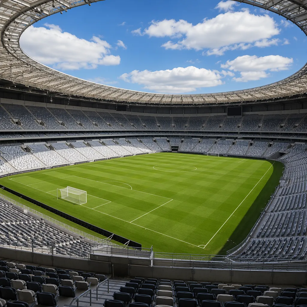 Wide shot of a modern, empty world cup football stadium with green pitch and tie