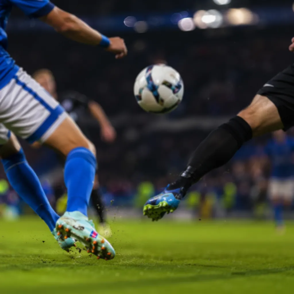 Close up shot of a generic football match action scene, blurred players in motio
