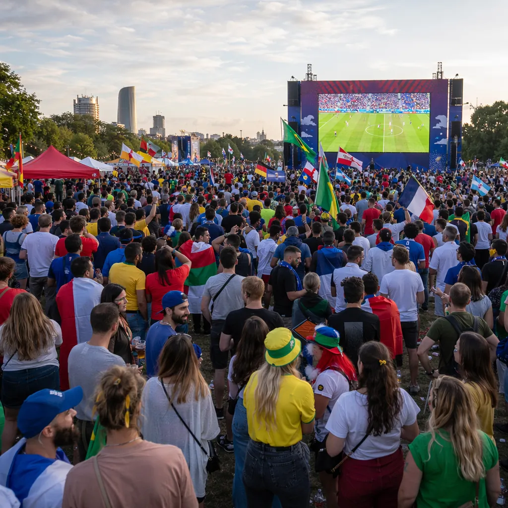 Wide shot of world cup fan zone with crowds of supporters gathering, flags wavin