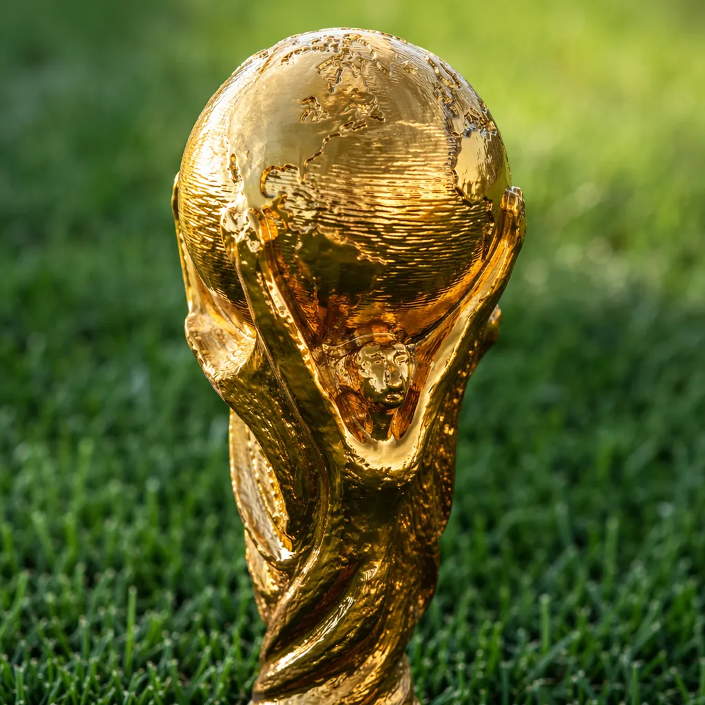 Close up of a golden World Cup trophy placed on a green grass surface, soft natu