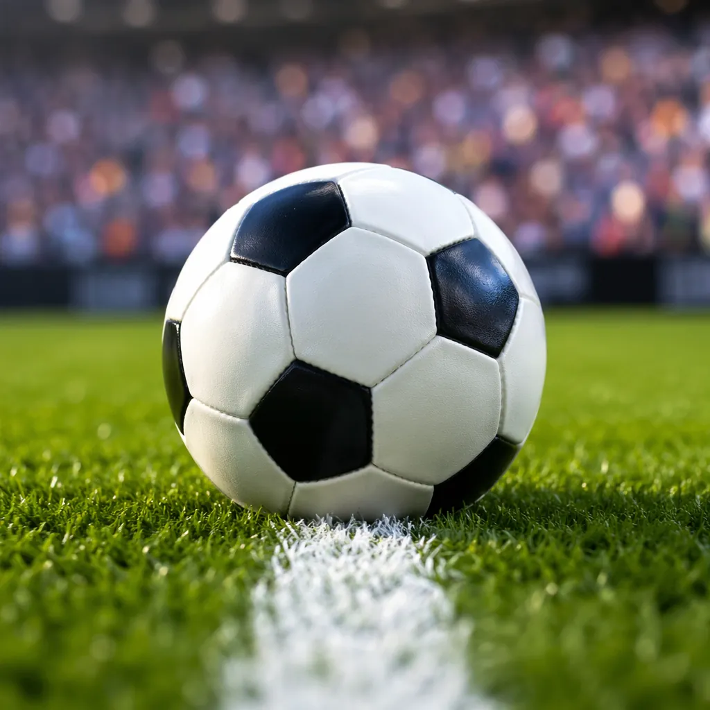 Close up shot of a traditional soccer ball resting on the white center line of a