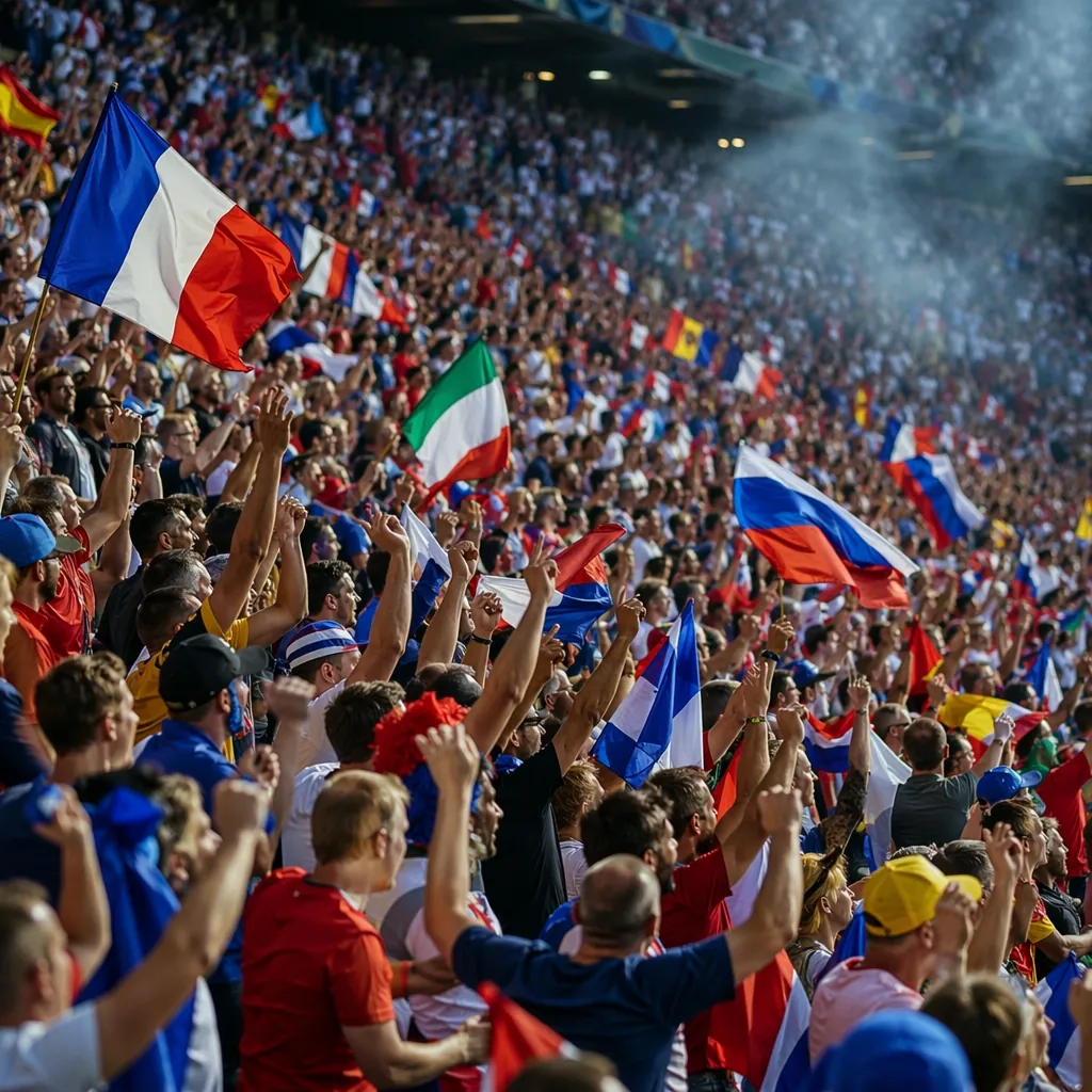 Wide shot of passionate football fans cheering in stadium stands, holding generi
