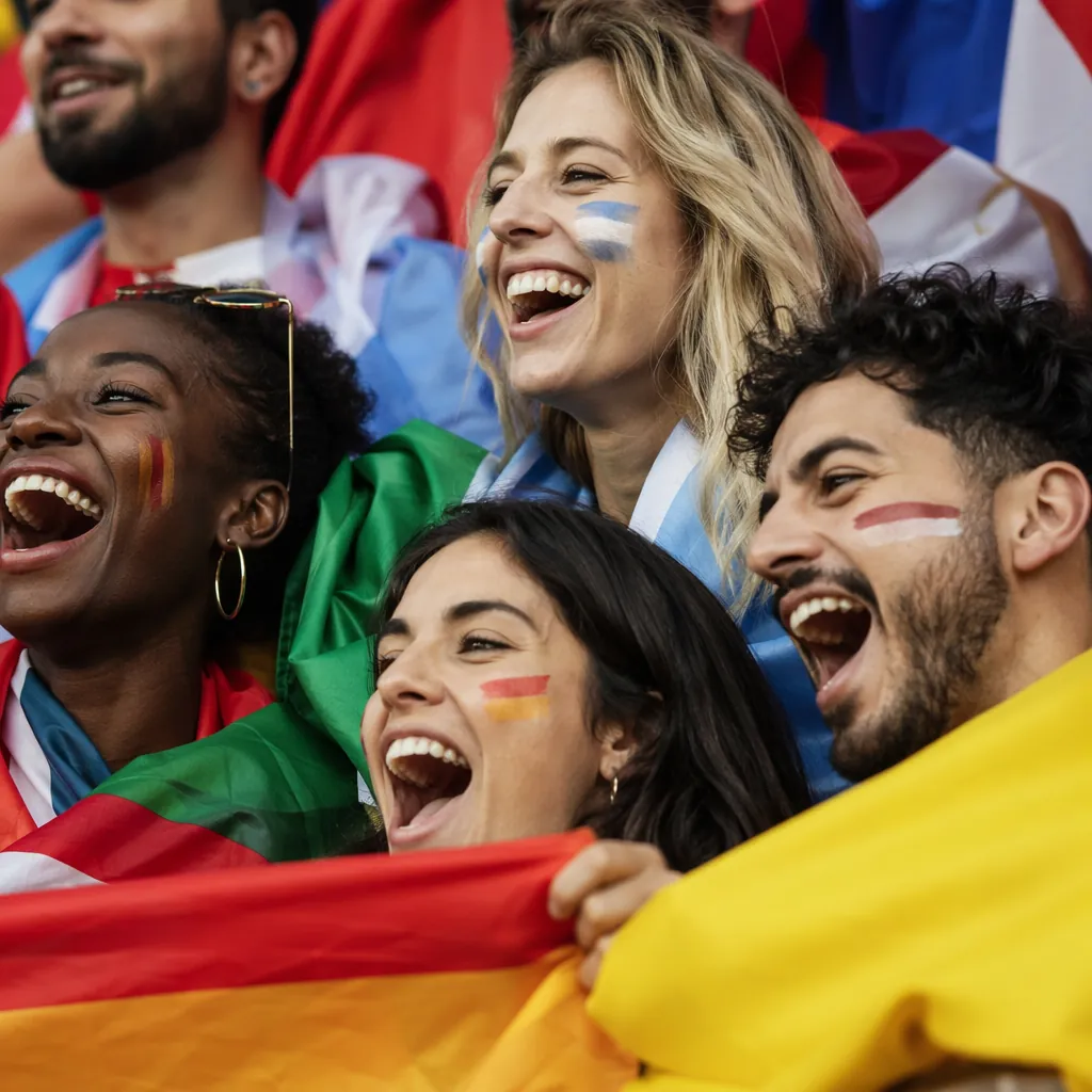 Close up of a group of diverse football fans celebrating with colorful national 