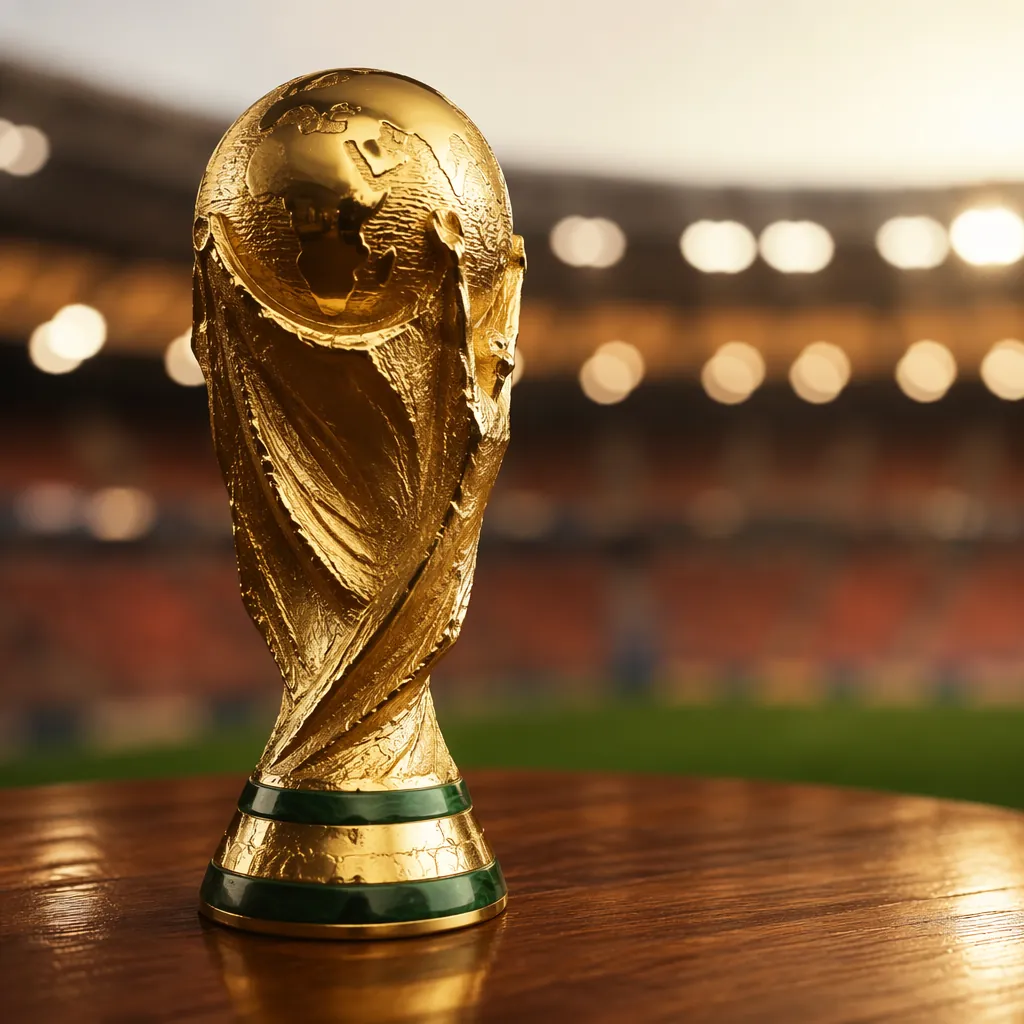 Close-up of a golden FIFA World Cup trophy placed on a polished wooden table, so