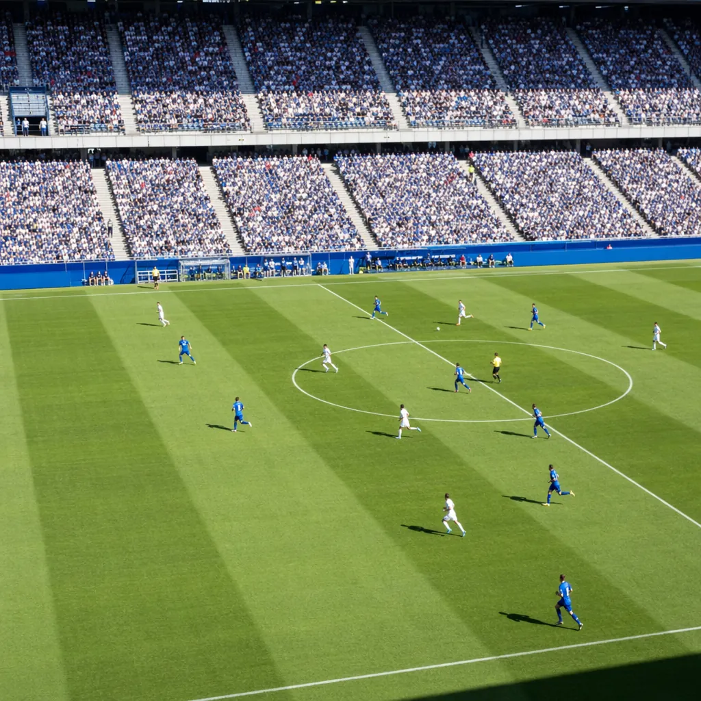 Wide shot of a football pitch during a professional match, players in generic un