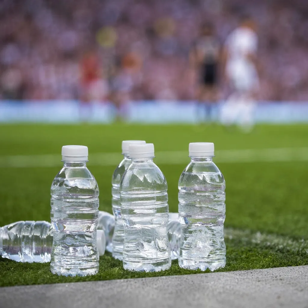 Close-up shot of plain unlabeled plastic water bottles placed on a soccer field 