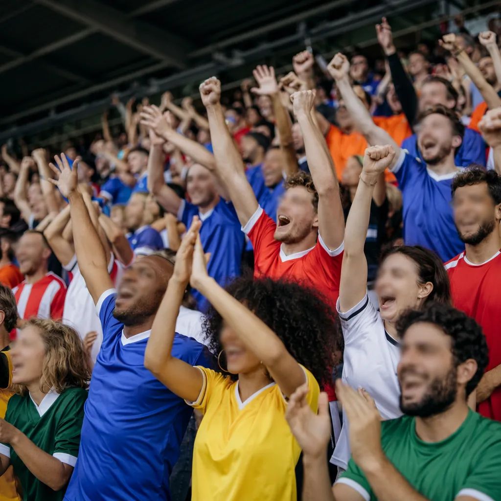 Wide shot of diverse football fans wearing generic colored jerseys cheering in s