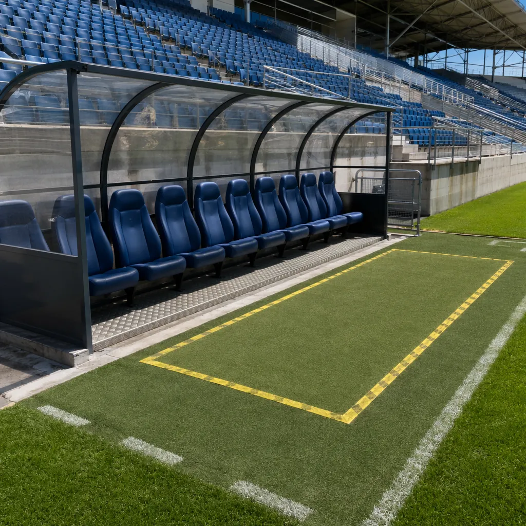Wide shot of a football stadium substitute bench area with empty seats and a sep