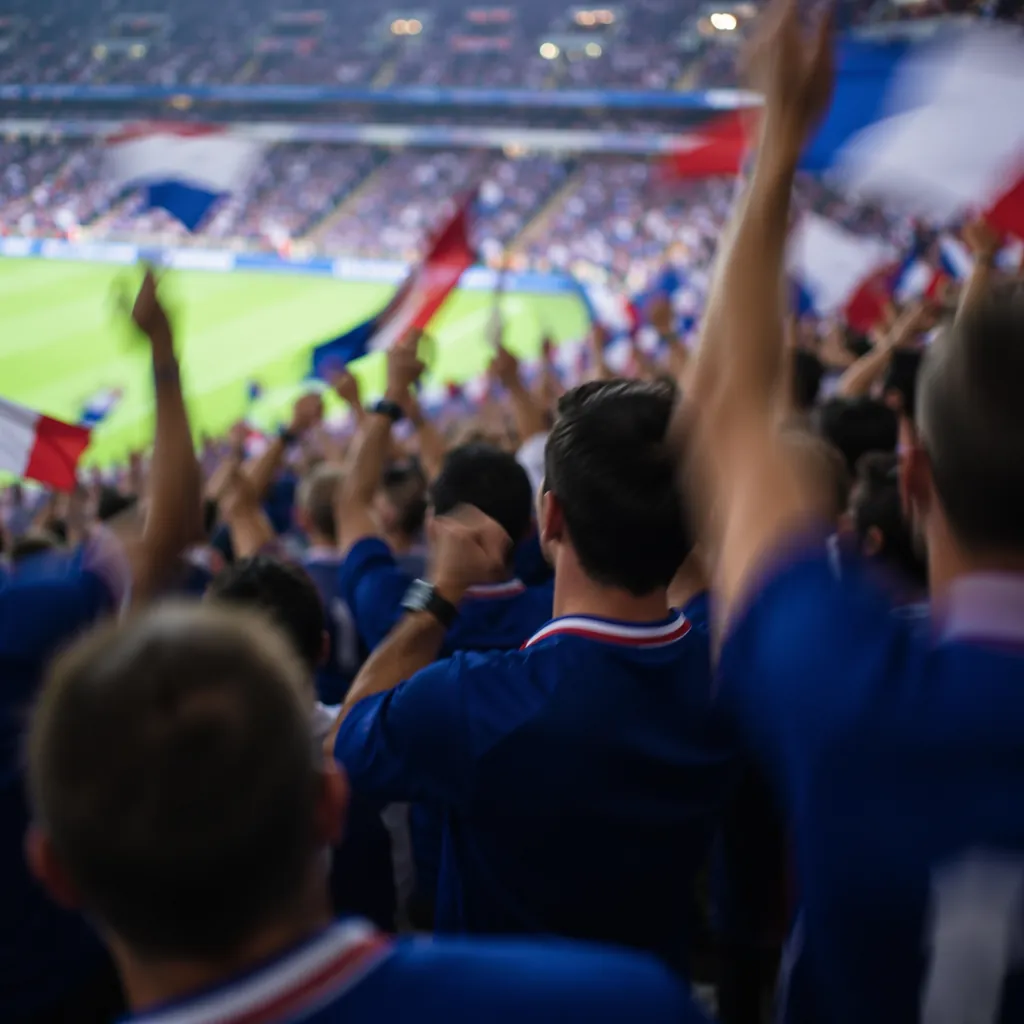 Blurred shot of football fans in French national team jerseys cheering in the st