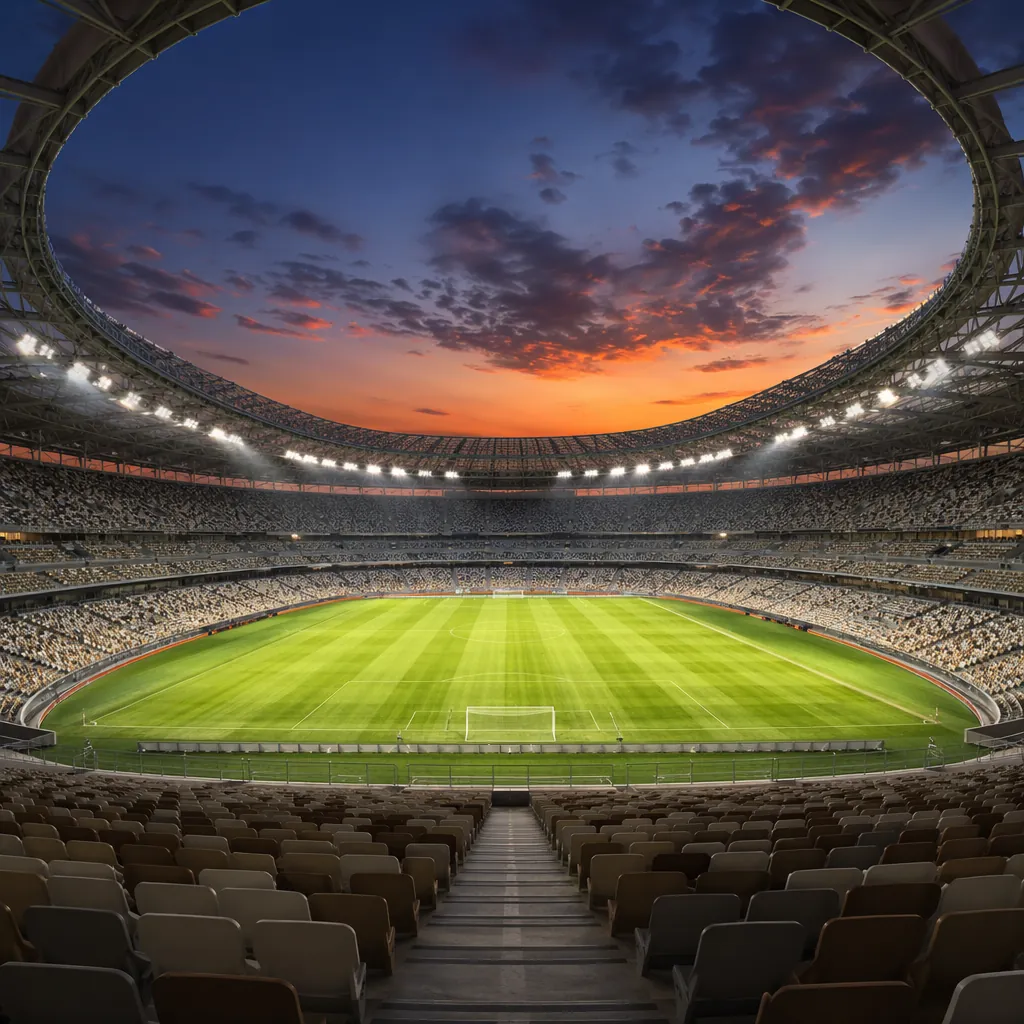 Wide shot of a modern World Cup stadium pitch at dusk, bright floodlights, empty