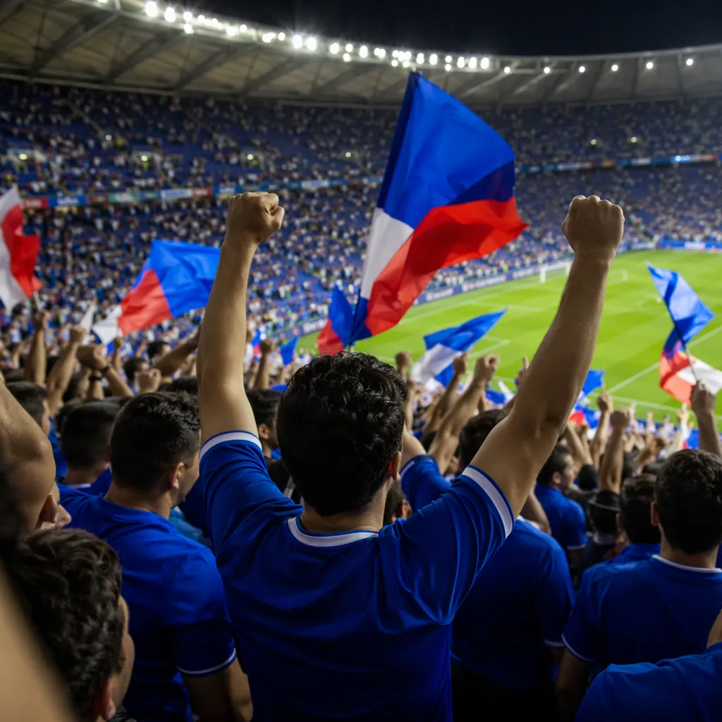 Football fans wearing blue jerseys cheering in a modern stadium, colorful flags 