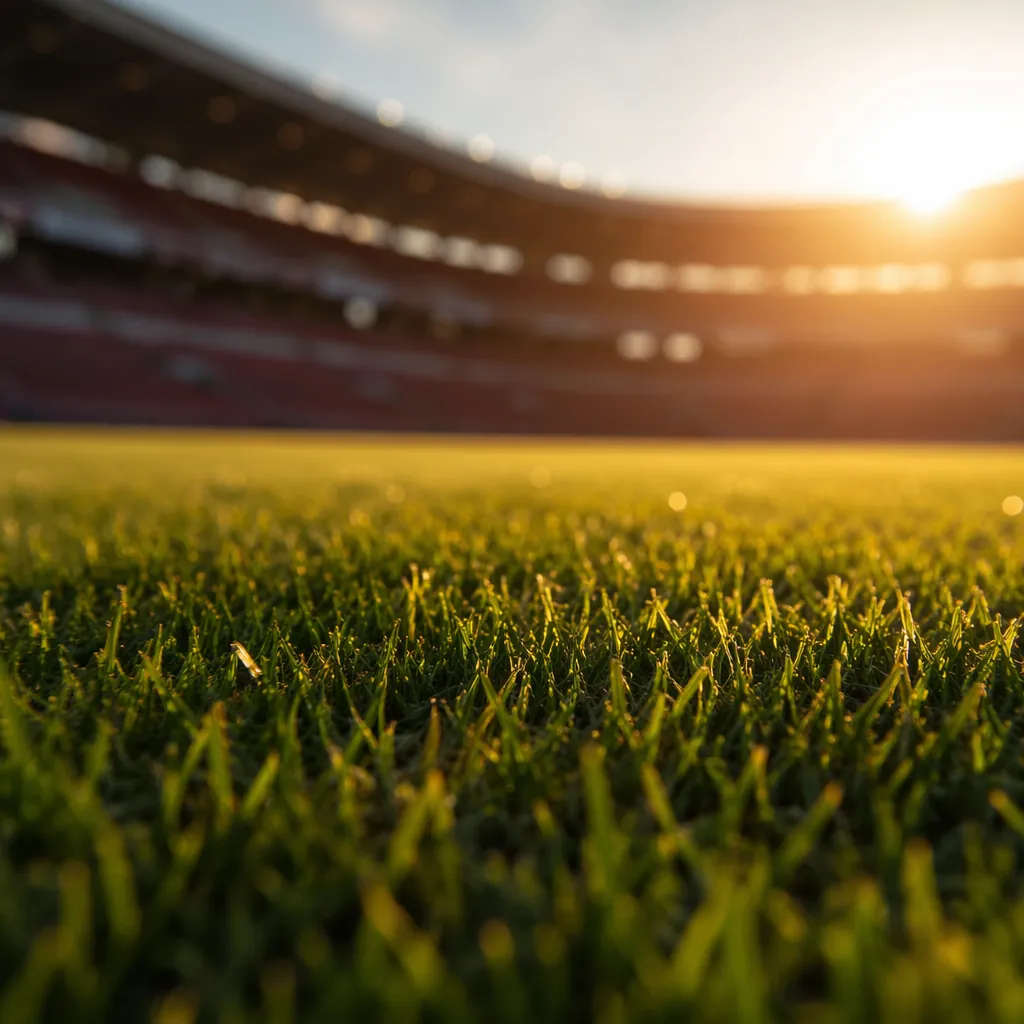 Close up shot of well-maintained football pitch grass with blurred stadium seats