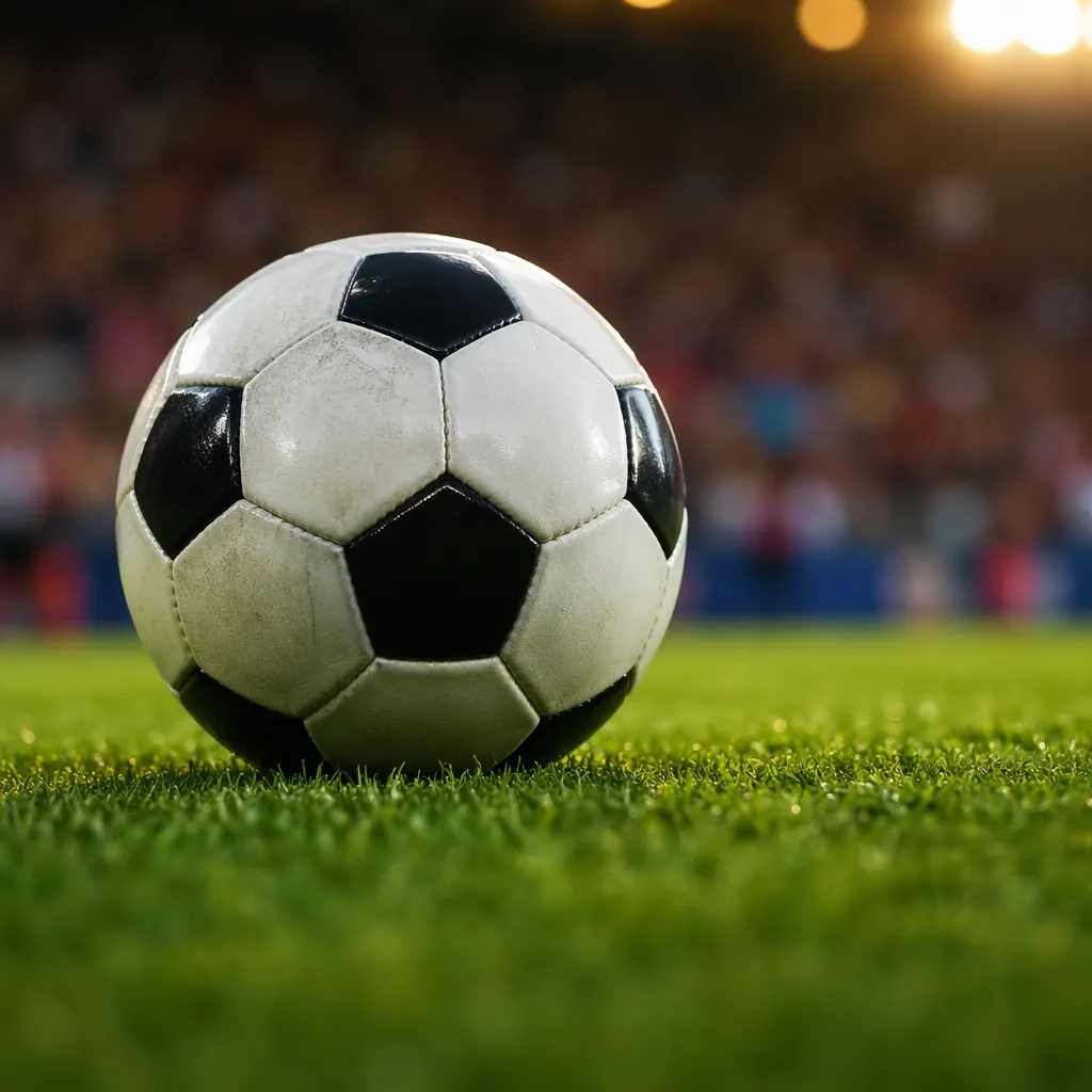 Close up shot of a football rolling on well-maintained green grass pitch, blurre