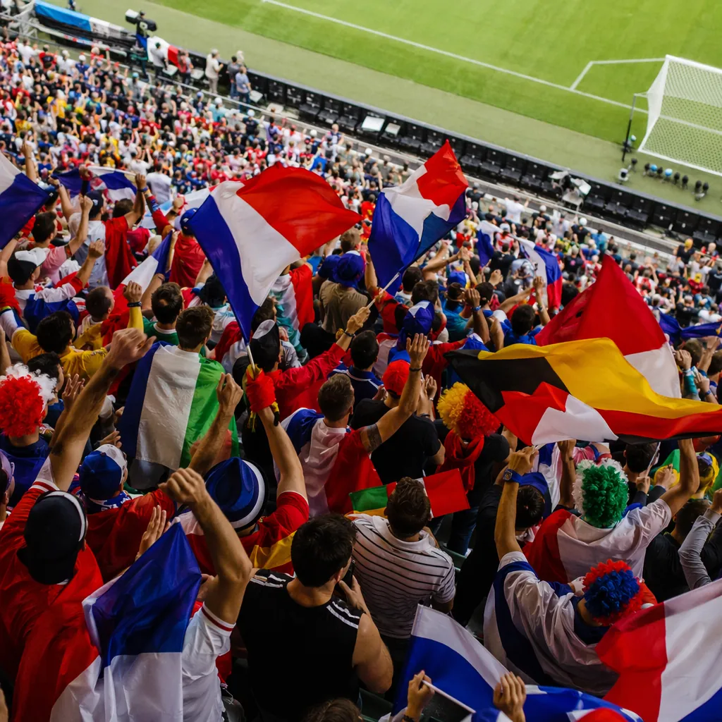 High angle shot of excited football fans waving national flags in stadium stands