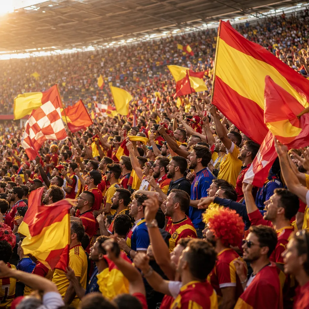 Wide shot of soccer fans in stadium stands wearing colorful team jerseys, waving