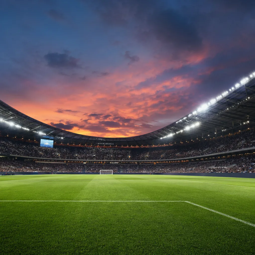 Wide shot of a modern football stadium during twilight, empty green pitch in the