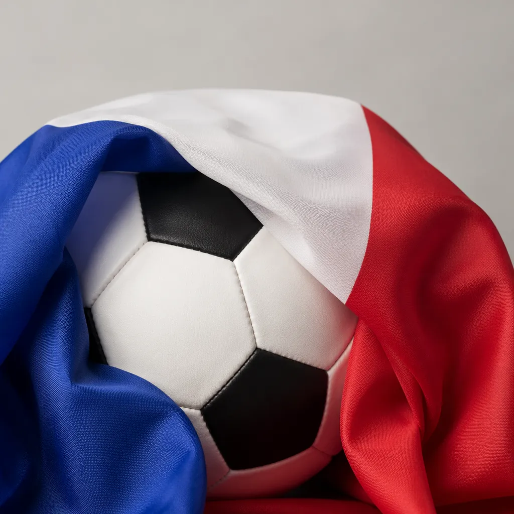 Close up of French tricolor flag draped over a generic football, soft natural li