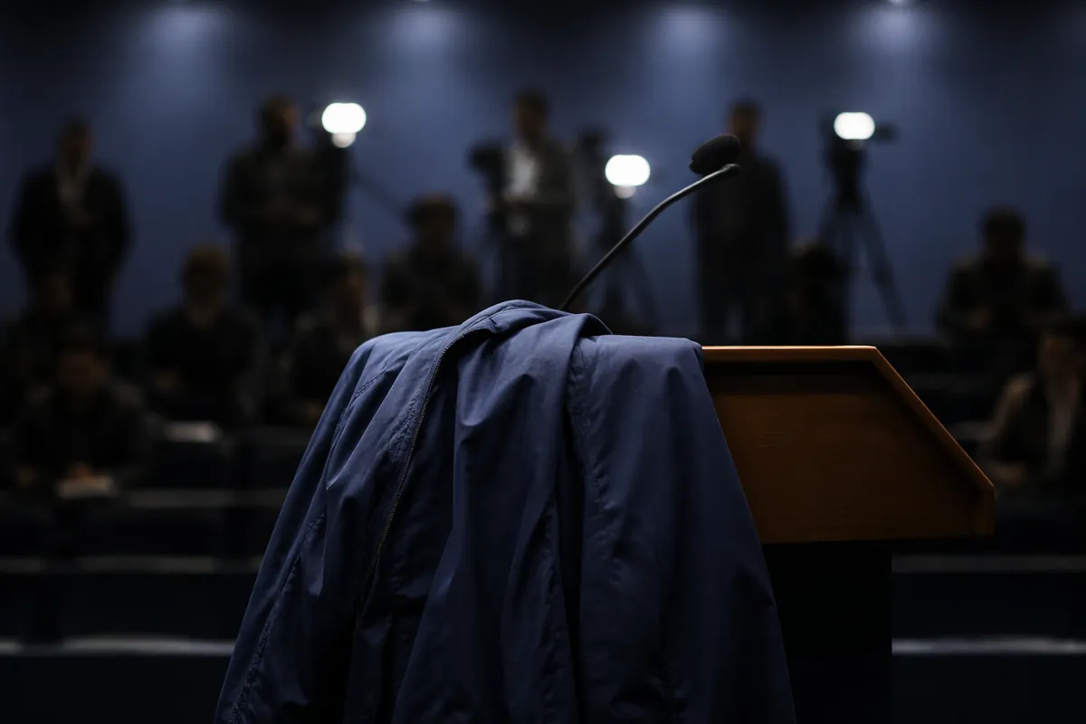 Professional football press conference setup, dark blue coach jacket draped over a wooden