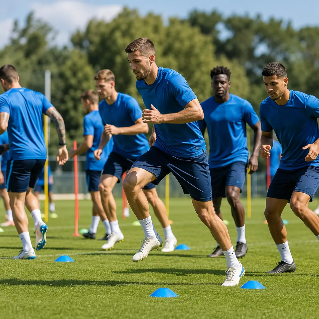 Generic football team training session, players in blue jerseys doing warm-up dr