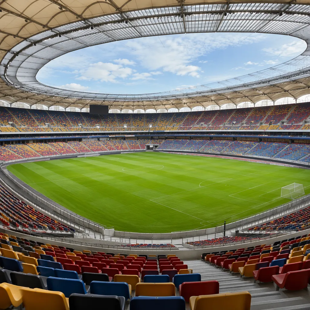 Empty large football stadium interior, green natural grass pitch, rows of multi-