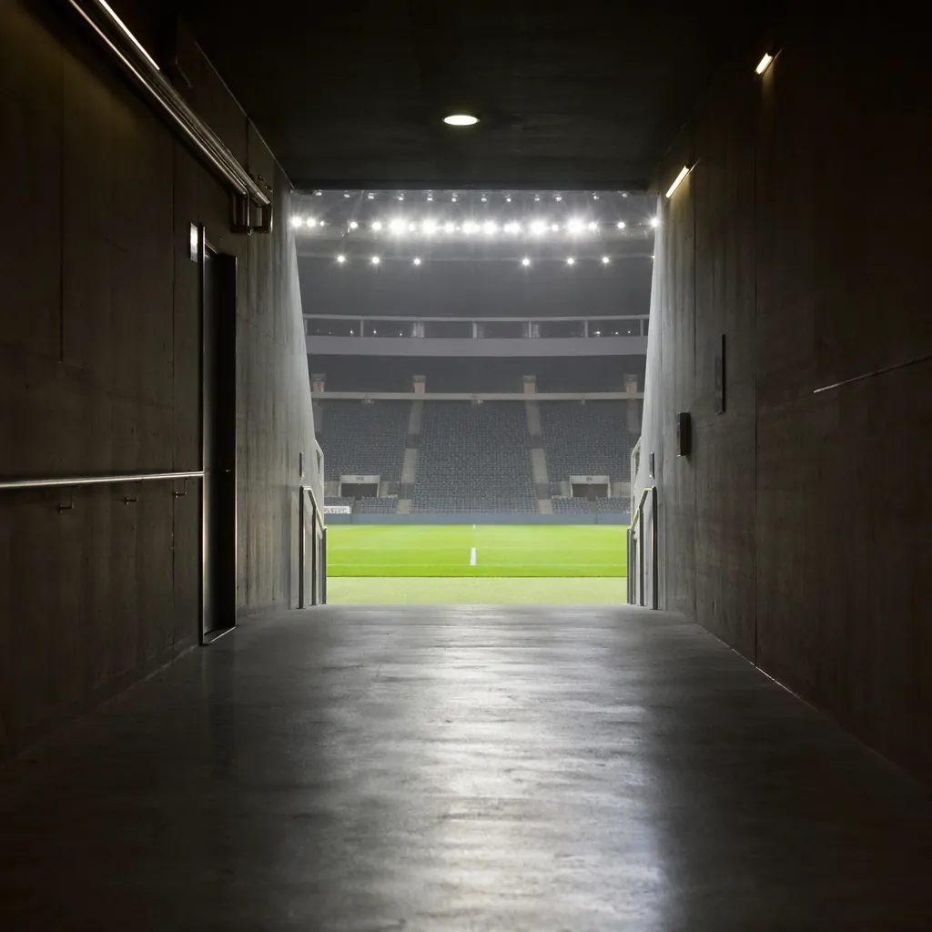Empty football stadium tunnel with match day lighting, calm pre-match atmosphere