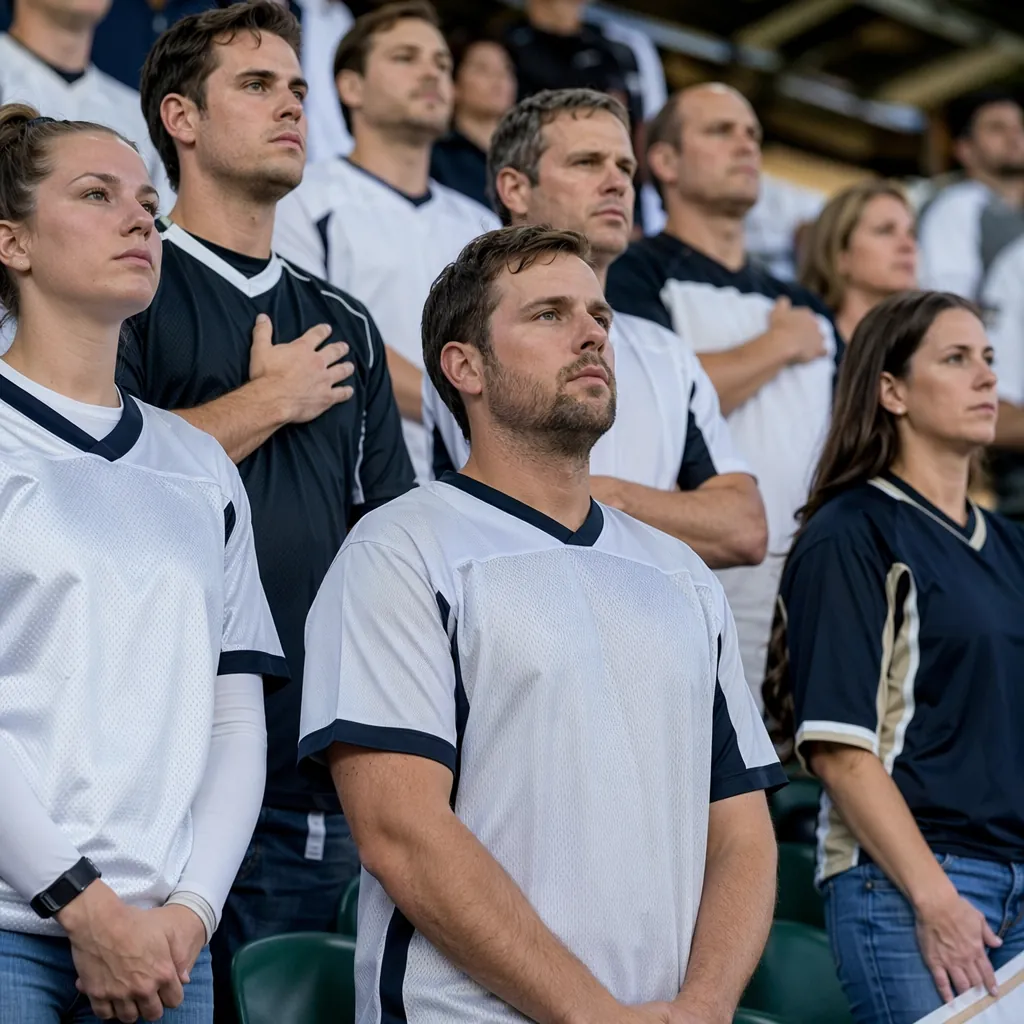 Group of fans wearing neutral football jerseys standing quietly in stadium seats
