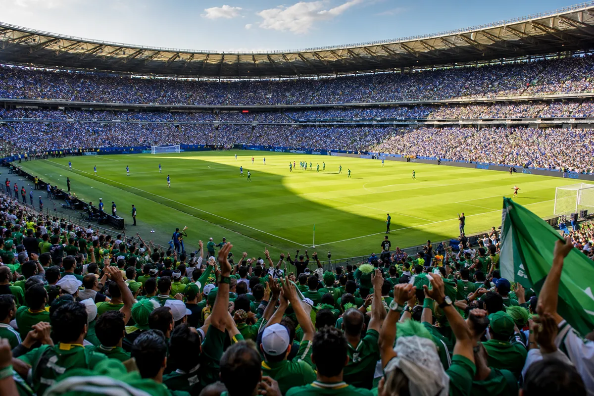 Wide shot of a vibrant World Cup group stage match atmosphere, packed football stadium wit