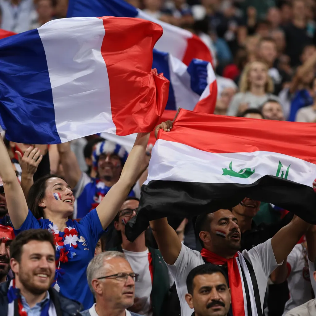 Close up of football fans waving national flags of France and Iraq in stadium st