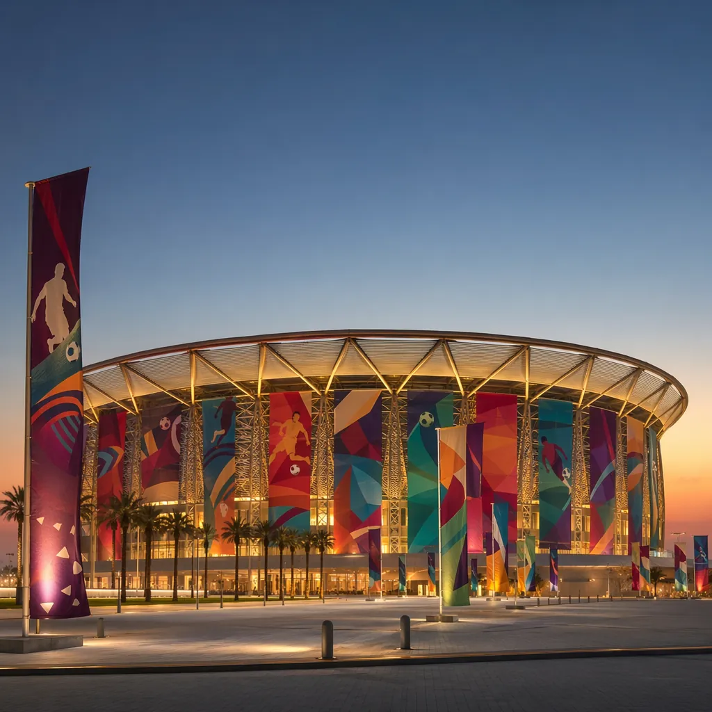 Wide shot of a modern football stadium exterior at dusk, decorated with generic 