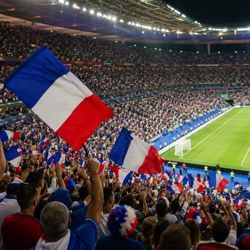 Wide shot of a lively World Cup qualifying stadium crowd, fans waving blue, whit
