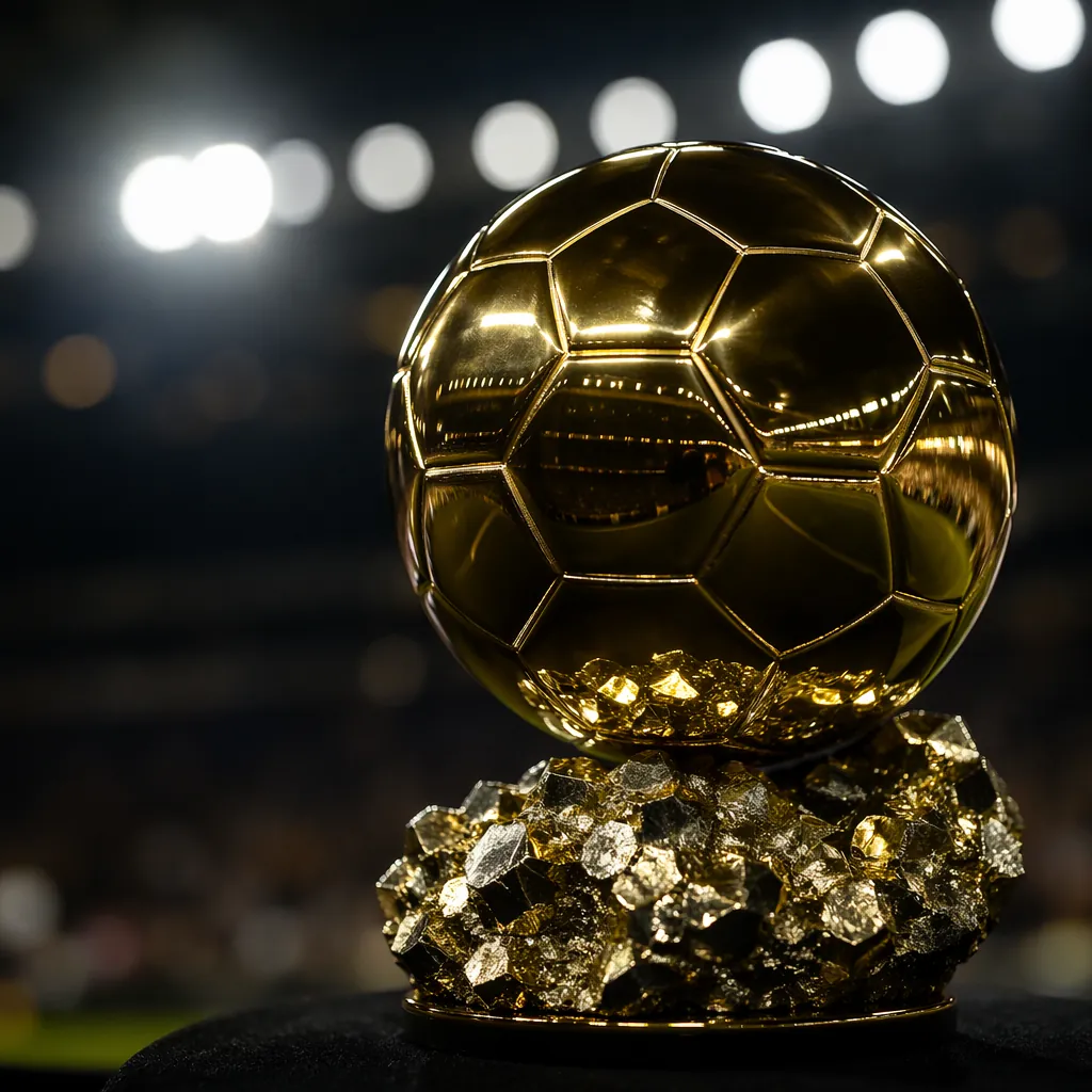 Abstract close-up of a polished golden football trophy replica on a dark surface