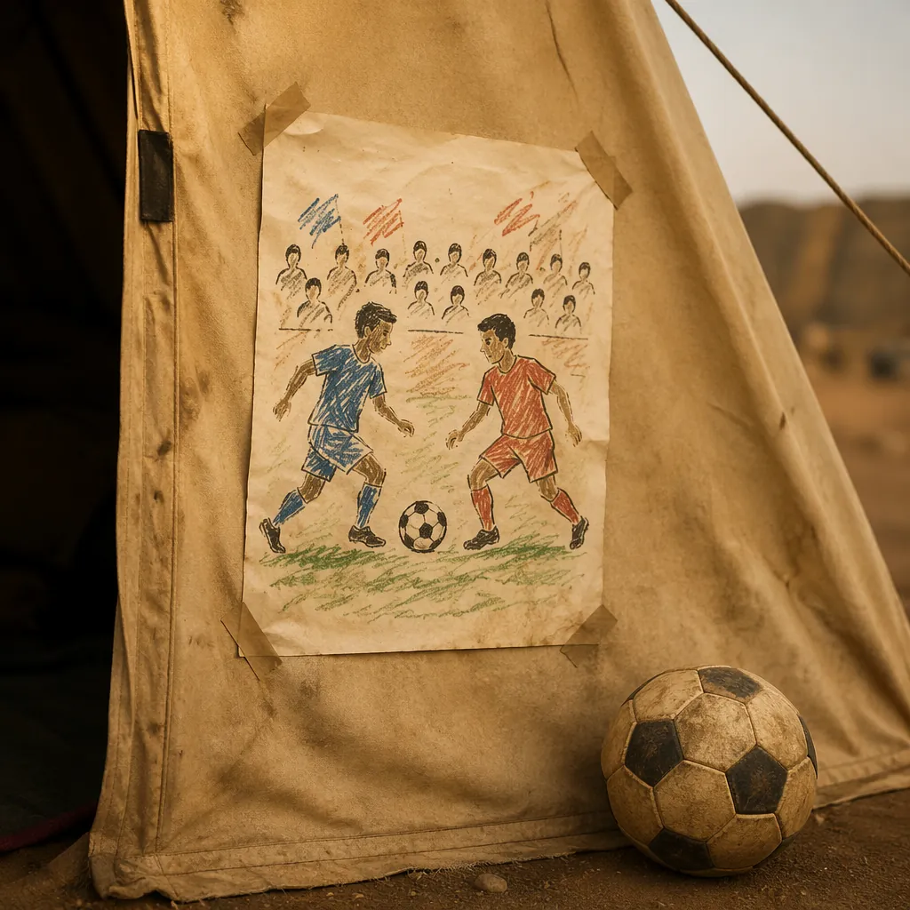 A hand-drawn football match poster taped to the wall of a canvas tent, with a sm