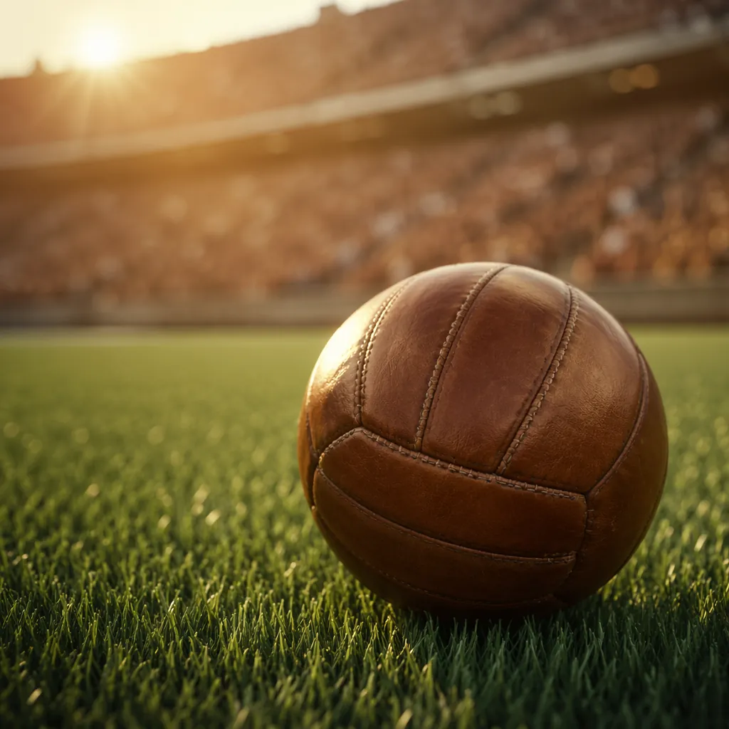 Close up shot of a leather football on a pristine green World Cup pitch, with bl