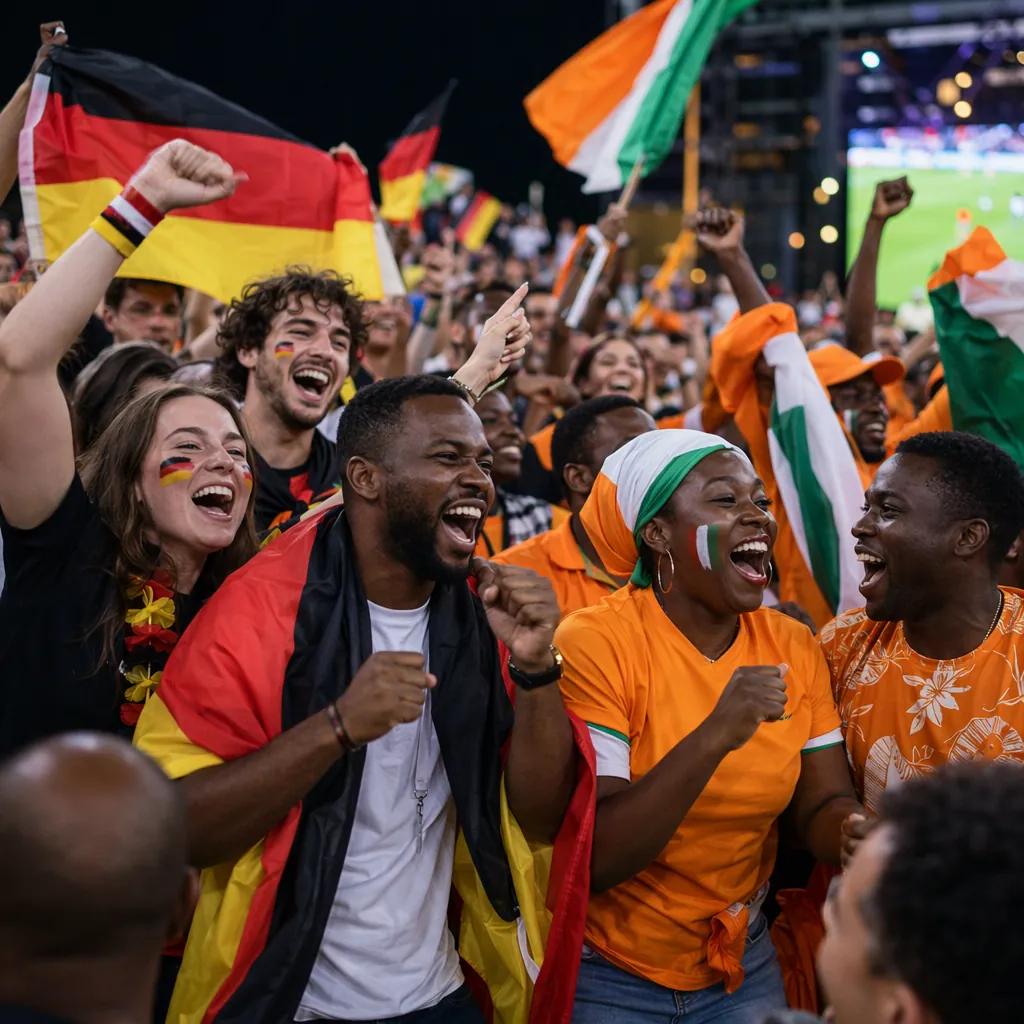 Wide shot of diverse football fans celebrating in a public viewing area, waving 