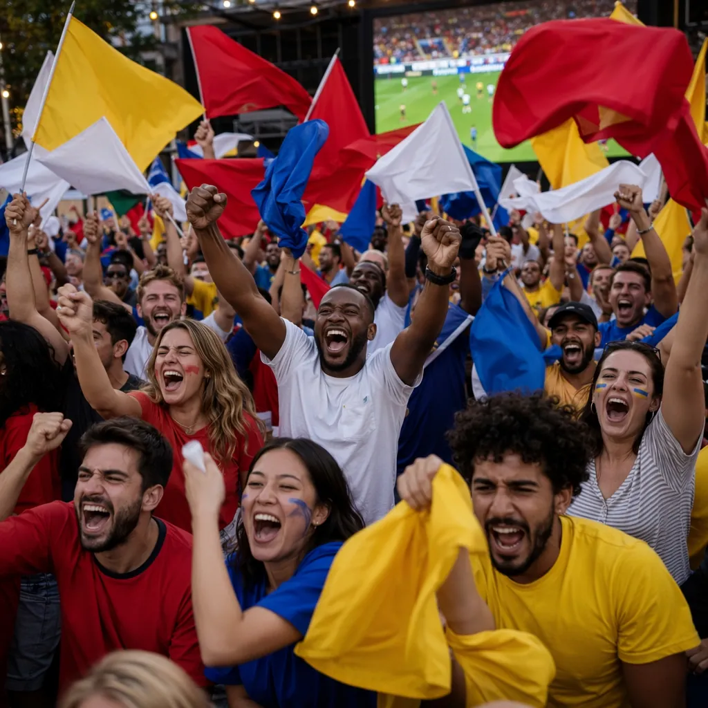 Wide shot of diverse football fans celebrating in a public viewing area, waving 