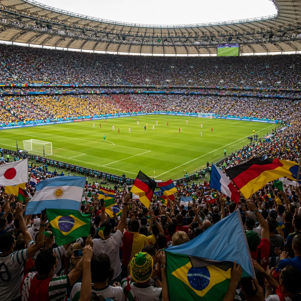 Wide shot of a packed World Cup stadium during a group stage match, colorful fan