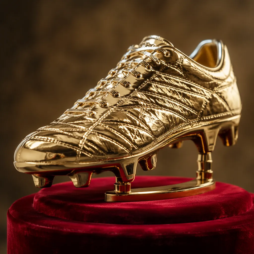 Close up of a golden football boot trophy on a velvet pedestal, soft studio ligh