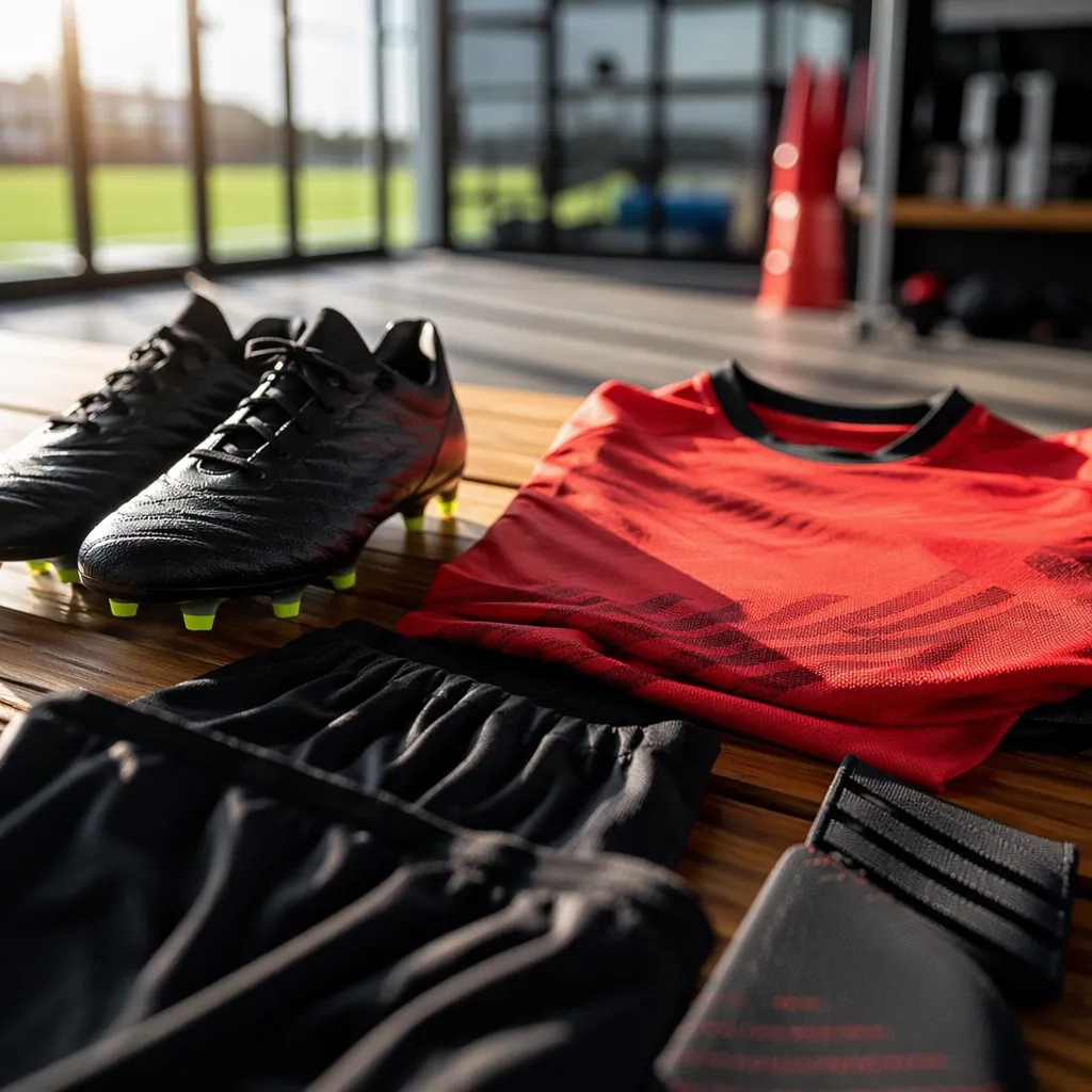Close up of football training gear including boots and jersey laid on a wooden b
