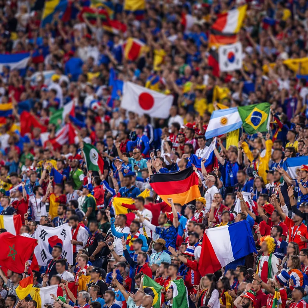 Wide shot of football fans waving colorful national flags in a stadium stand, bl