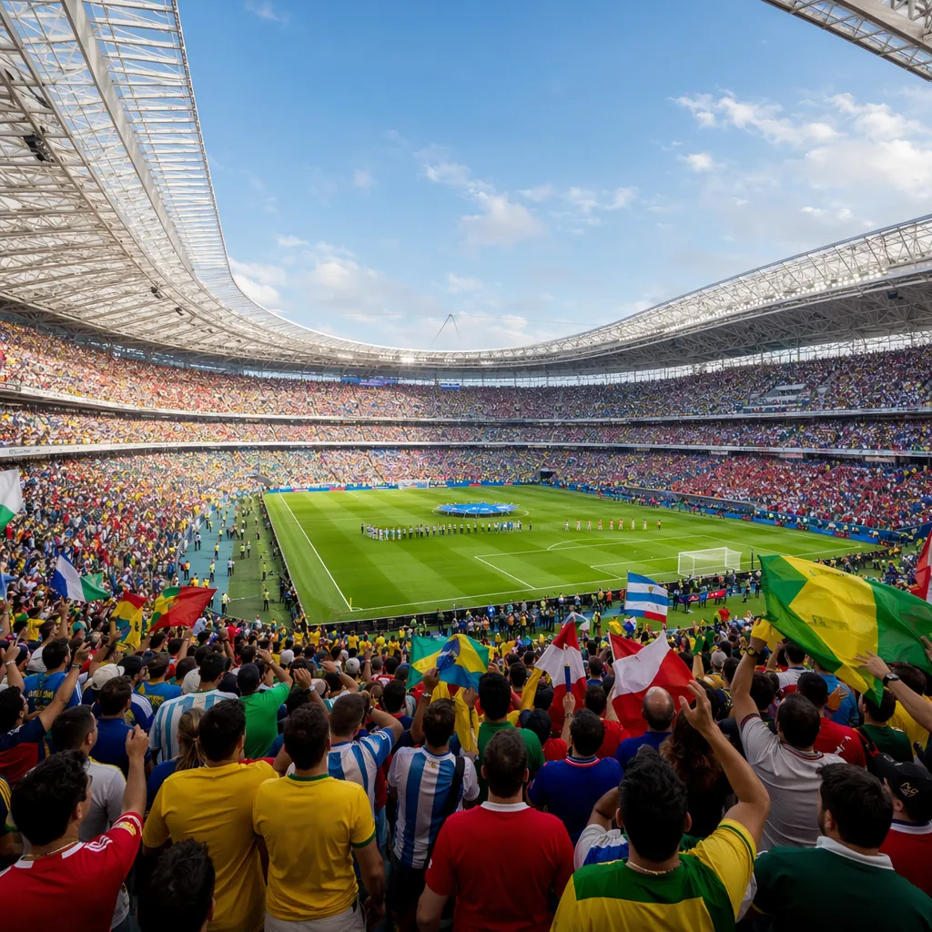 Wide shot of a modern World Cup stadium in North America, filled with excited fa