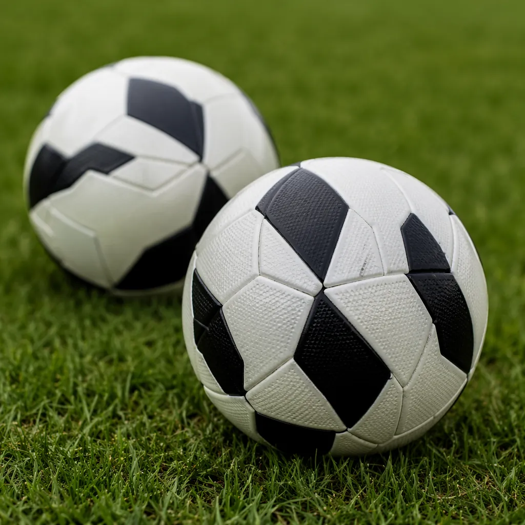 Close up of two generic football training balls on a green grass pitch, soft nat