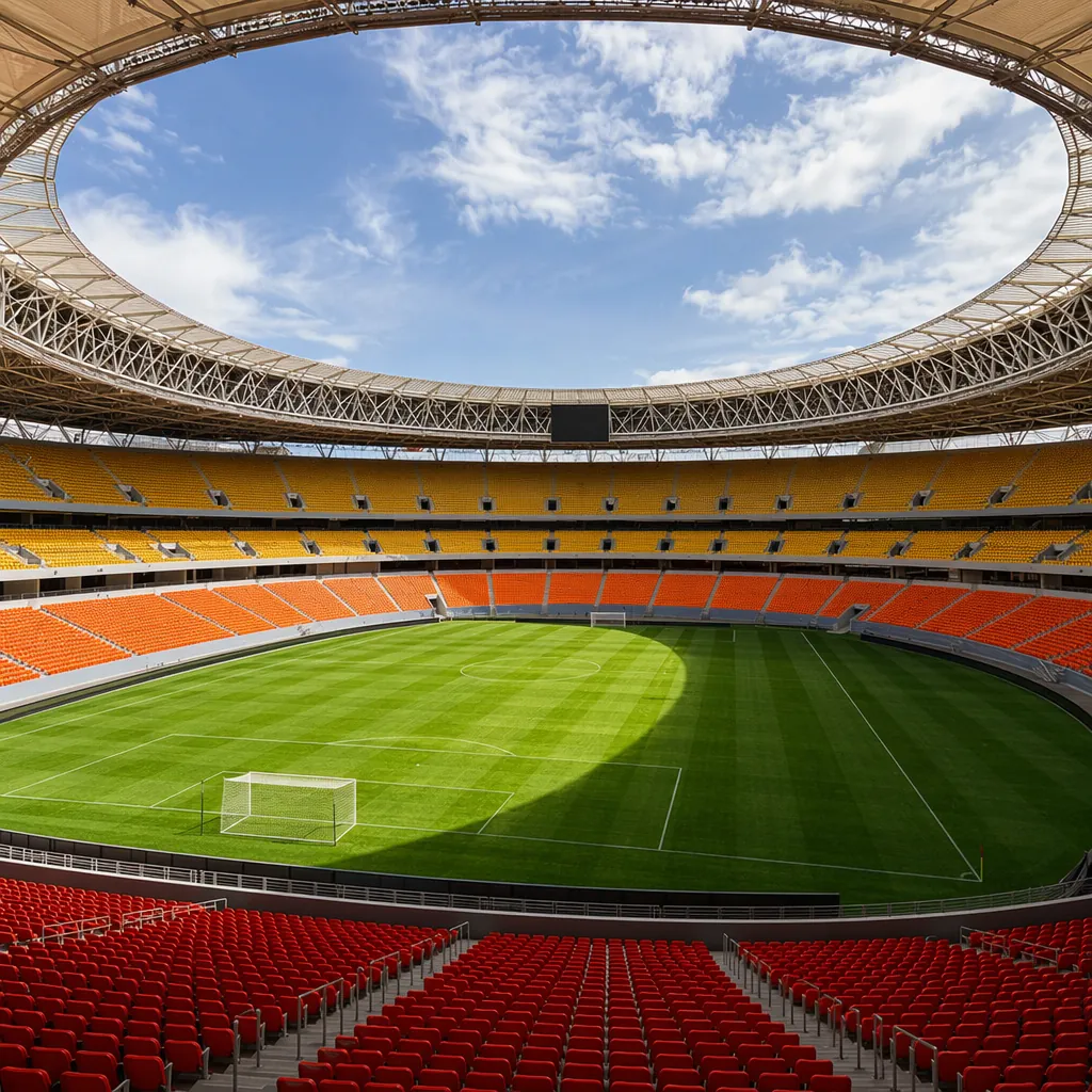 wide shot of world cup stadium interior, green pitch, empty seats with team colo