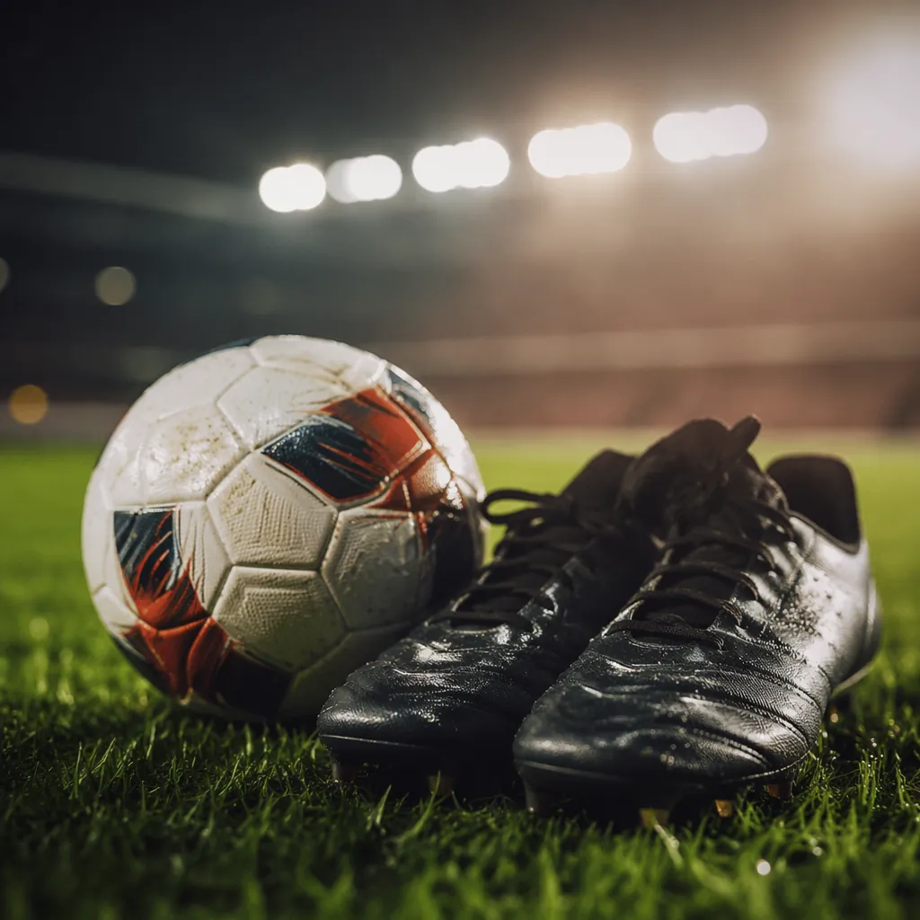 close up of football boots and a match ball on green grass, stadium lights in th