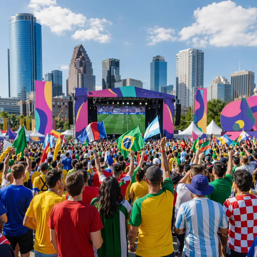 Wide shot of a World Cup fan zone in US host city, colorful generic event banner