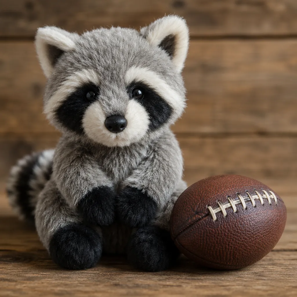 Close up of a generic stuffed raccoon toy placed next to a mini leather football