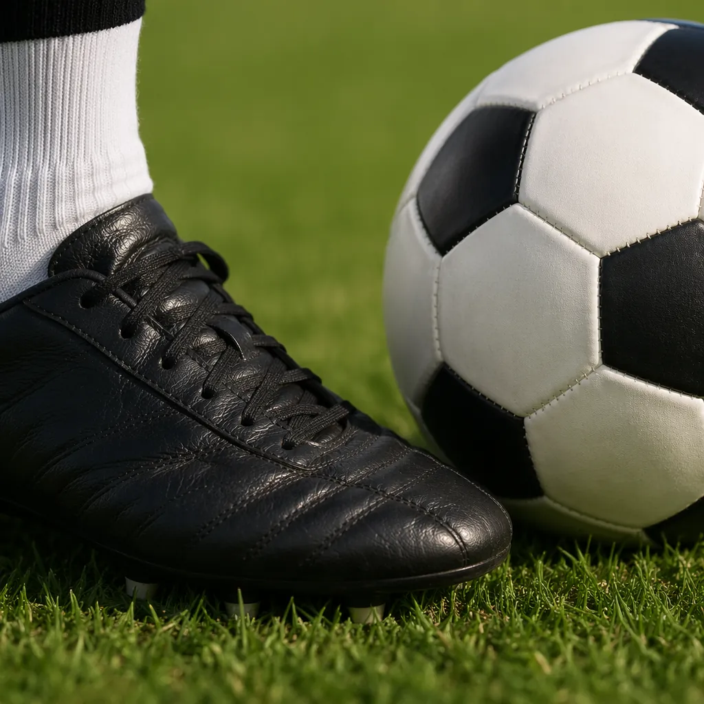 Close up shot of a leather football boot and a match ball on well-maintained gre