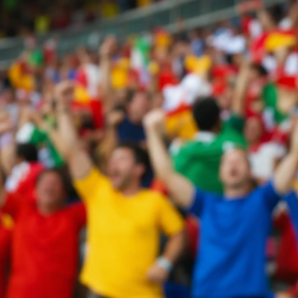 Blurred shot of football fans cheering in stadium stands, wearing generic solid-