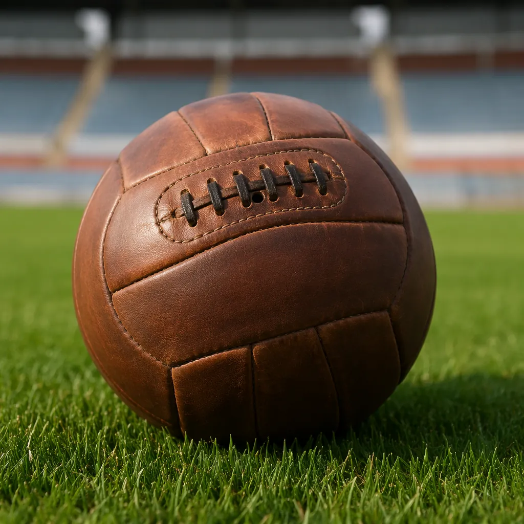 Close-up shot of a traditional leather football resting on perfectly manicured g