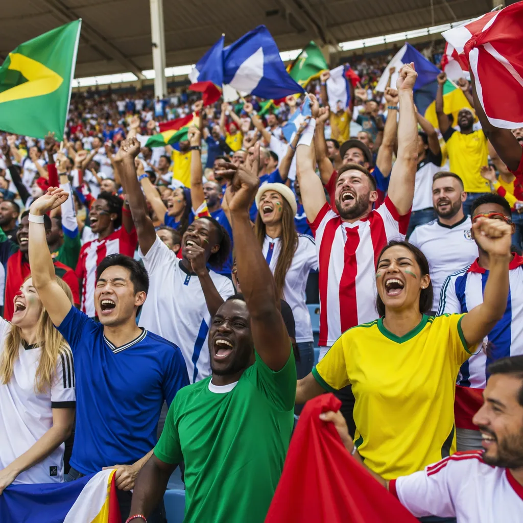 Wide shot of diverse football fans wearing generic unbranded national team jerse