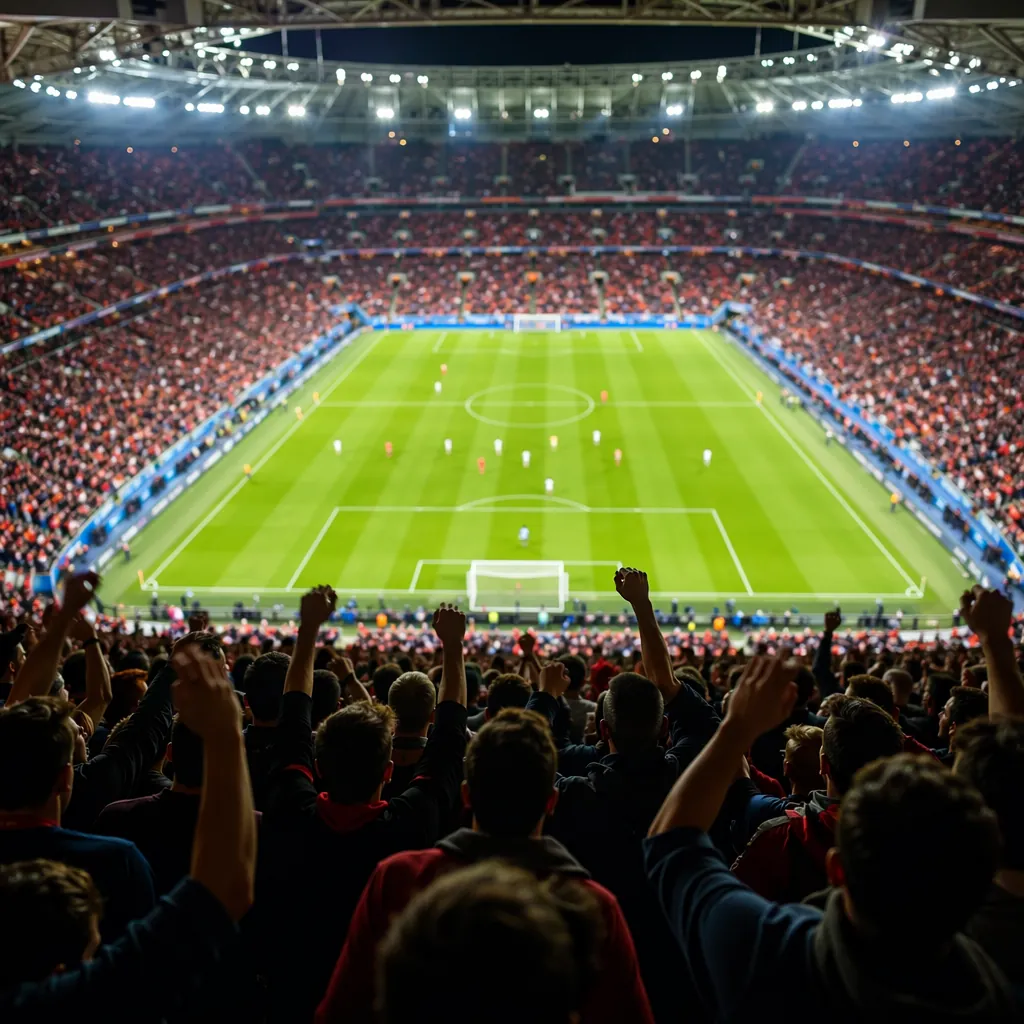 High-angle shot of a modern football stadium interior with cheering fans in the 